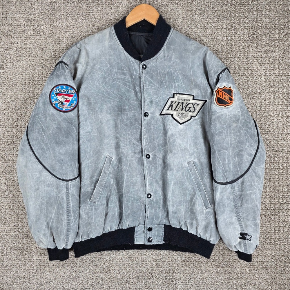 Vintage Starter Los Angeles Kings NHL Bomber Jacket Gray Acid Stone Wash Mens XL